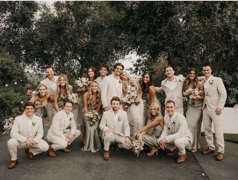 Neutral Mens Wedding Attire, Tan Suit Wedding With Green, Beige Groom Gray Groomsmen, Groom And Groomsmen Attire Beige, Sage Green Groomsman Suit, Tan Bridal Party Attire, Bridal Party Destination Wedding, Sage And Tan Bridal Party, Blush And Sage Bridal Party