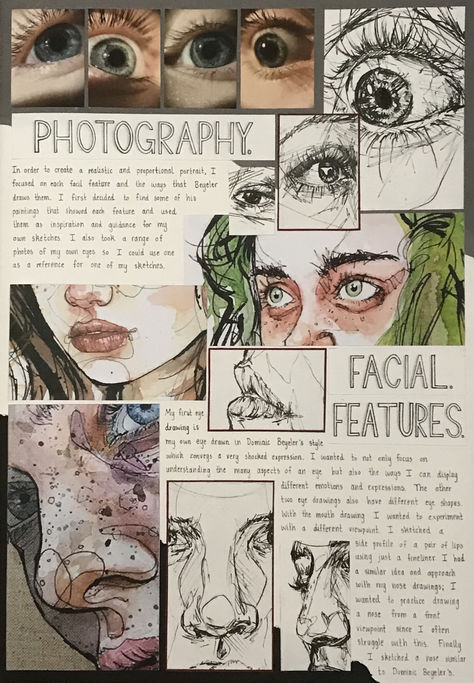 Facial Features Sketchbook Page, A Level Art Inspiration, Visual Art Diary Aesthetic, Gcse Art Book Layout Ideas, Gcse Art Photography, College Portfolio Ideas Art, Art Book Ideas Sketchbooks Inspiration, Dominic Beyeler Artist Research, Art Portfolio Aesthetic