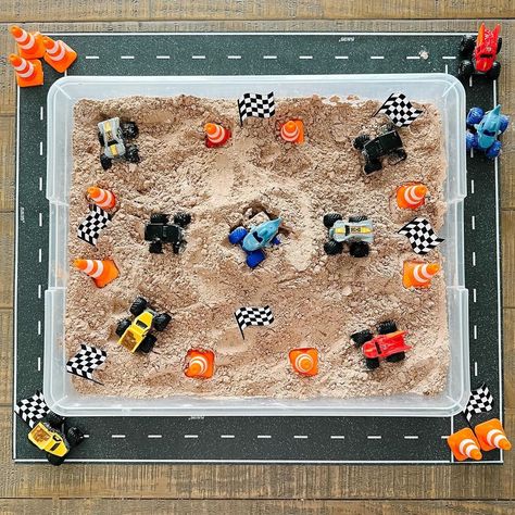 Race Car Sensory Play, Car Themed Sensory Bin, Hot Wheels Sensory Bin, Monster Truck Tuff Tray, Race Car Sensory Bin, Cars Sensory Bin, Monster Truck Sensory Bin, Maximalist Playroom, Car Sensory Bin