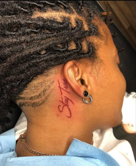 Neck Tattoos Women Side Red Ink, Love Yourz J Cole Tattoo Behind Ear, Behind Ear Tattoo Men Words, Face Tattoo Black Women, Small Face Tattoo Men, Little Neck Tattoos, Red Face Tattoo, Ear Tattoos For Men, Behind Ear Tattoo Men