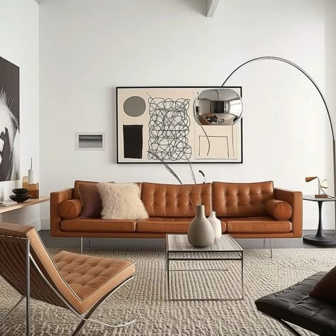 living_room_Modern_Minimalist_Make_your_cognac_couch 3 Cognac Couch Living Room, Cognac Couch Living Room Ideas, Cognac Couch, Caramel Leather Sofa, Modern Outdoor Seating Area, Cognac Leather Sofa, Couch Living Room Ideas, Leather Couches Living Room, Comfortable Living Room