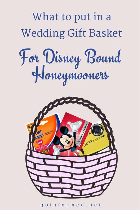 Wedding gift ideas for Disney honeymoons. Small items that are perfect for a wedding gift basket when the bride and groom are heading to Disney. Honeymoon Gift Baskets, Disney Vacation Surprise, Honeymoon Basket, Wedding Gift Basket, Disney World Honeymoon, Disney Wedding Gifts, Popular Honeymoon Destinations, Honeymoon On A Budget, Disney Surprise