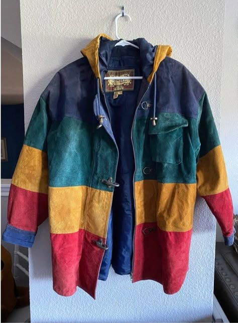 Silly Clothes, Colorful Jacket, Rainbow Vintage, Leather Coat Jacket, Color Block Jacket, Mens Fashion Streetwear, Androgynous Fashion, 90s 80s, Rainbow Color