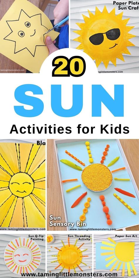 20 Fun and Easy Sun Activities for Toddlers and Preschoolers. STEM, sensory, arts and crafts and fine motor activities that explore the sun. Perfect for summer or outer space themed lesson plans. #space #summer #toddler #preschool #kindergarten Sun Activities For Toddlers, Preschool Sun Crafts, Sensory Arts And Crafts, Sun Activities, Summer Preschool Themes, Play Ideas For Kids, Outer Space Crafts, Sun Activity, Space Activities For Kids