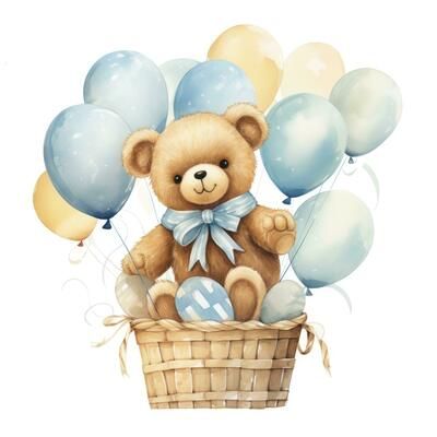 AI generated A watercolor baby teddy bear is sitting in the basket with blue and gold balloons. AI Generated 35250552 Stock Photo at Vecteezy Teddy Bear Watercolor, Teddy Bear Cartoon, Hot Air Balloon Adventure, Baby Teddy Bear, Bear Watercolor, Baby Teddy, Cute Teddy Bear, Teddy Bear Picnic, Cute Teddy