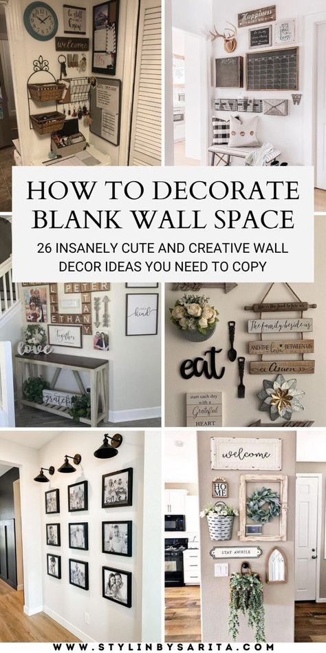 Farmhouse Decor Hallway Wall, Living Room Wall Decor Modern Farmhouse, Gallery Wall Styling, Wall Vignettes Decorating Ideas, Decorating Small Wall Space, Farmhouse Wall Gallery Ideas, Farmhouse Photo Wall Ideas Living Room, Farmhouse Wall Decor Ideas Living Room, Kitchen Wall Hanging Ideas Diy