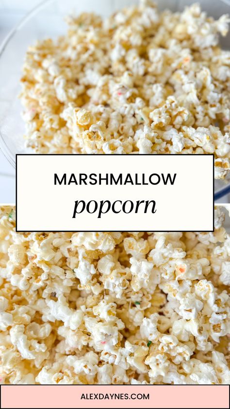 This Marshmallow Popcorn is sticky, sweet, and irresistible. It's soft and gooey, making it the perfect treat! This recipe only requires 3 ingredients plus any flavorings you like to add. You can turn it into cake batter marshmallow popcorn by adding treated cake mix! It's simple to make and often a crowd favorite. Make it with me! Marshmello Popcorn Recipes, Marshmellow Popcorn Easy, Popcorn Fluff, Marshmallow Popcorn Recipes, Recipes Using Marshmallows, Marshmallow Caramel Popcorn, Fluffy Popcorn, White Chocolate Popcorn Recipe, Flavored Popcorn Recipes