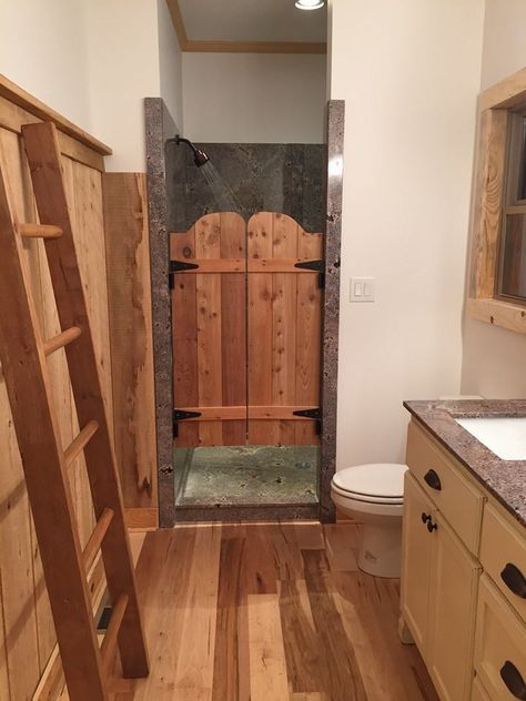 Rustic Shower Door, Wooden Shower Door, Rustic Shower Door Ideas, Wood Shower Door Ideas, Rustic Shower Ideas Bathroom Farmhouse, Saloon Style Doors, Wood Shower Door, Saloon Doors Bathroom, Cabin Shower Ideas