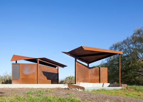 http://www.dezeen.com/2016/05/16/bird-watching-pavilions-plant-architect-perforated-weathering-steel-corten-architecture-toronto-canada/ Metal Building Kits, Park Pavilion, Landscape Architecture Drawing, Pavilion Architecture, Bird Sanctuary, Pavilion Design, Weathering Steel, Shade Structure, Steel Buildings