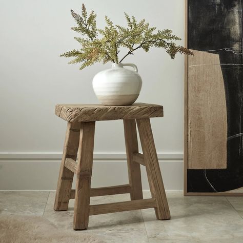 Small Stool Decor Front Entry, Wood Accent Stool, Wood Stool Bathroom, Small Bathroom Stool, Fireplace Stool, Bathroom Stools, Stool Decor, Bathroom Facelift, Wooden Stool Designs