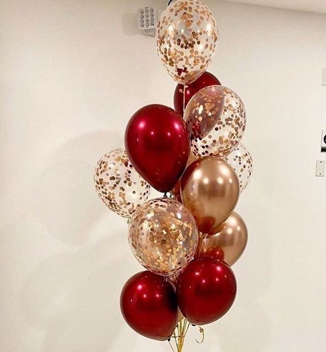 Red Baloons Ideas, Red Gold Balloons Decoration, Gold And Red Birthday Decorations, Gold And Red Birthday Theme, Gold And Red Party Decorations, Burgundy And Gold Birthday Party Ideas, Red Gold Decorations Party Ideas, 40th Wedding Anniversary Party Ideas Ruby Red, Red Balloon Decorations Birthday