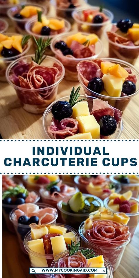 Serve up delicious, bite-sized bites with these Individual Charcuterie Cups! Perfect for parties or casual get-togethers, these cups combine your favorite cured meats, cheeses, and fresh accompaniments in a fun and convenient way. No fuss, just flavor! Appetizer In Small Cups, Appetizer Cups Mini, Individual Appetizers For A Crowd, Food In Glasses Ideas, Martini Charcuterie Cups, Food In Shot Glasses, Charcuterie For One Person, Charcuterie Board With Toothpicks, Individual Relish Cups