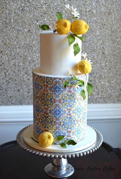 Italian tile cake by Elisabeth Palatiello Lemon Wedding Cakes, Lemon Themed Party, Lemon Cakes, Italian Wedding Cakes, Painted Cake, Tiered Cake, Painted Cakes, Edible Art, Lemon Cake