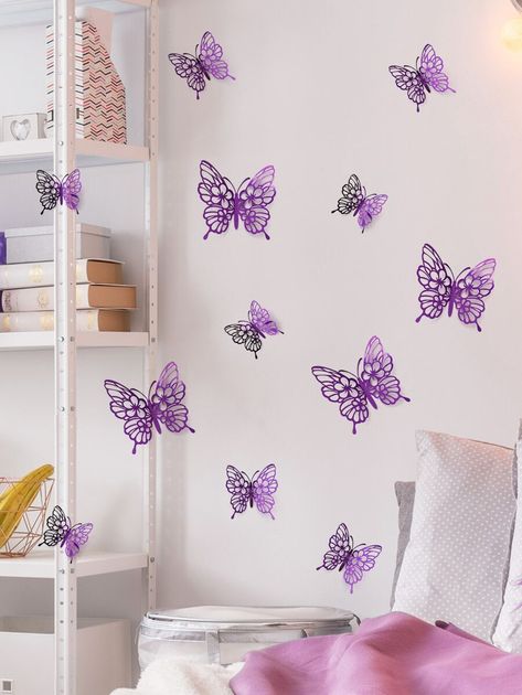 12pcs Hollow Out Butterfly Sticker,Purple Romantic Different Sizes Wall Sticker,For Living Room Bedroom Background Decorations Butterfly Stickers On Wall Ideas, Purple Butterfly Decor, Purple Butterfly Room, Blue Purple Bedroom, Redoing Bedroom, Gray Playroom, Comfy Room Ideas, Comfy Room, Butterfly Room Decor