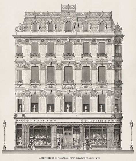 Vintage illustration of Architecture in Piccadilly published in 1870 by Arthur Cates (1829-1901). | free image by rawpixel.com Architectural Wall Art, London Buildings, British Architecture, Vintage Architecture, Architecture History, Vintage Art Print, London Skyline, Vintage Drawing, London Print