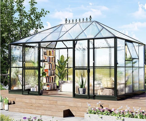 HOWE 14x9.5x9 FT Polycarbonate Greenhouse with 2 Vents and Double Swing Doors 6FT Added Wall Height, Walk-in Large Winter Greenhouse Sunroom Aluminum Greenhouse for Outdoors, Black Greenhouse Sunroom, Aluminium Greenhouse, Winter Greenhouse, Hobby Greenhouse, Walk In Greenhouse, Polycarbonate Greenhouse, Backyard Greenhouse, Greenhouse Kit, Garden Greenhouse