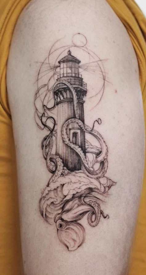 Lighthouse Tattoo Meaning, Traditional Lighthouse Tattoo, Kraken Tattoo, Crow Tattoo Design, Tattoo Linework, Lantern Tattoo, Nouveau Tattoo, Lighthouse Tattoo, Sharpie Tattoos