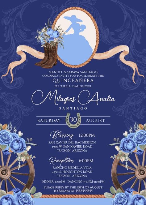 Royal Blue Elegant Rustic Western Quinceanera Invitation Quince Invitations Ideas, Western Xv Invitations, Western Quince Invitations, Charro Quinceanera Invitations Blue, Quince Invitations Blue And Gold, Quince Invitations Template Blue, Royal Banquet, Quince Invitations, Masquerade Theme