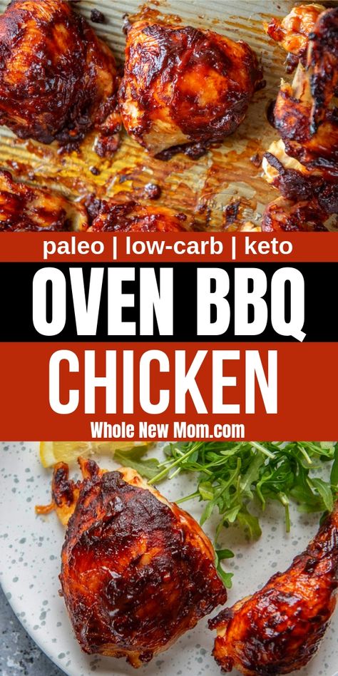 Yes you can have BBQ Chicken even when it's not grilling season! This Healthy Oven BBQ Chicken is simple to make right in your kitchen and tastes great. The Homemade BBQ Sauce it's paired with has a low-carb, no sugar-added option, is a secret family recipe, and tastes phenomenal. Keto Barbecue Chicken, Low Carb Bbq Chicken, Keto Bbq Chicken, Oven Barbecue Chicken, Oven Bbq Chicken, Keto Entrees, Oven Baked Bbq Chicken, Keto Bbq, Paleo Menu