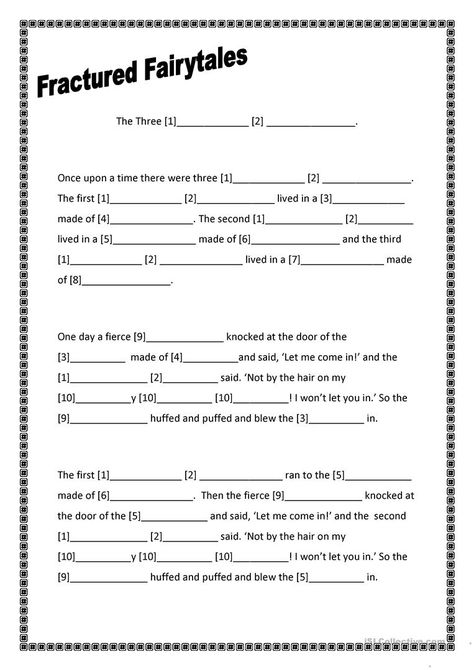 Fractured Fairytales: Three Little Pigs - English ESL Worksheets for distance learning and physical classrooms Fractured Fairy Tales Activities, Fairy Tale Worksheets, Fractured Fairy Tales Unit, Fairy Tales Kindergarten, Fractured Fairytales, Fairytale Lessons, Worksheets For First Grade, Fairy Tales Preschool, Fairy Tale Writing