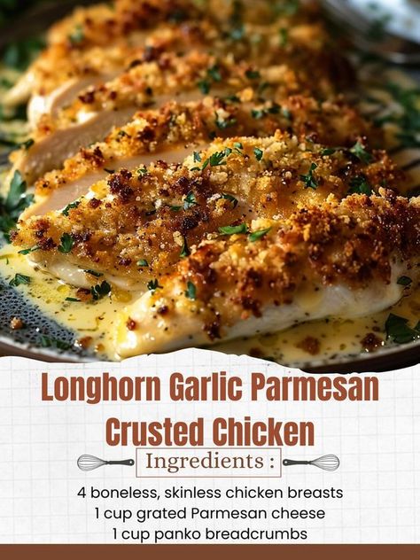 Creative Cookery Recipes, Garlic Parmesan Crusted Chicken, Creative Cookery, Longhorn Parmesan Crusted Chicken, Parmesan Crusted Chicken, Parmesan Crusted, Crusted Chicken, Garlic Parmesan, Parmesan Cheese