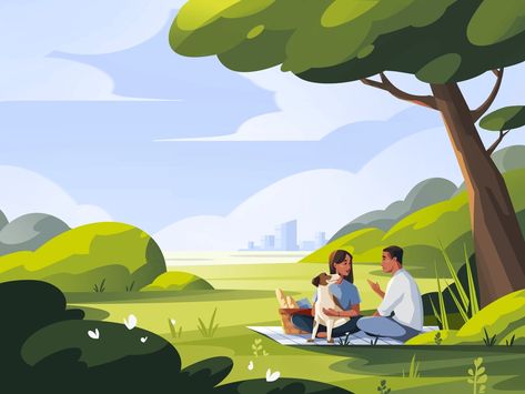 Picnic by Vitaliya Yankovskaya for Fireart Studio on Dribbble Park Illustration, Boston Poster, Couple Sketch, Couple Illustration, Park Art, Mural Design, Dog Illustration, A Picnic, Mural Wall Art