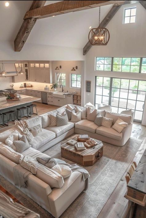 House Design Inside Interiors, New Build Farmhouse, Wood Aesthetic Living Room, Dream Farmhouse Living Room, Modern Cozy Farmhouse, Old Farmhouse Living Room, Living Room Inspiration Farmhouse, Farmhouse Property, Open Living Room And Kitchen