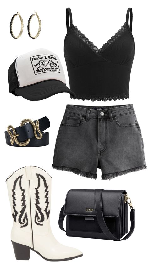 Short Black Boots Outfit, Crossbody Purse Outfit, White And Black Boots, Gold And Black Jewelry, Black Cowgirl Outfit, Rodeo Fits, Cowgirl Boots Black, Country Music Outfit, Trucker Hat Outfit