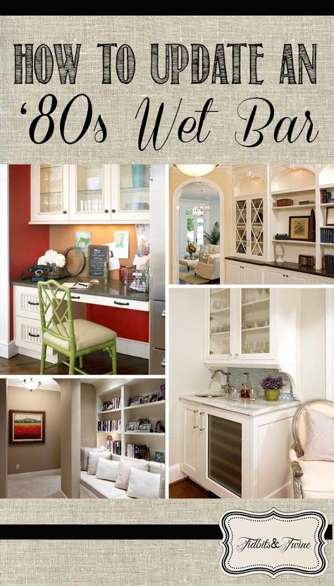 TIDBITS & TWINE: 9 Ideas for Updating an '80s Wet Bar 70s Wet Bar Makeover, Wet Bar Renovation, Wet Bar Update Ideas, How To Update An 80s Wet Bar, Repurpose Wet Bar Area, Home Bar Makeover, 80s Wet Bar Makeover, Wet Bar Repurpose Ideas, Wet Bar Cabinet Ideas