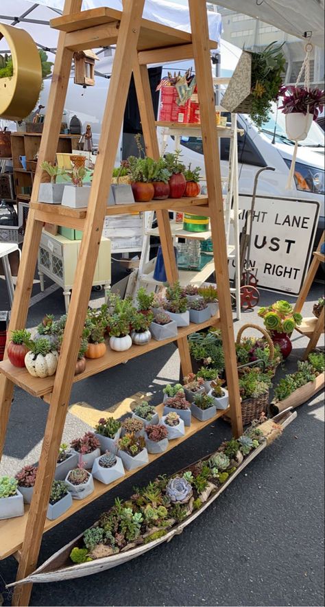 Plant Sale Display Craft Fairs, Succulent Booth Display, Farmers Market Plant Display, Herbalist Vendor Booth, Flower Display Stand Farmers' Market, Craft Market Stall Ideas, Garden Center Displays, Stand Feria, Plant Display Ideas