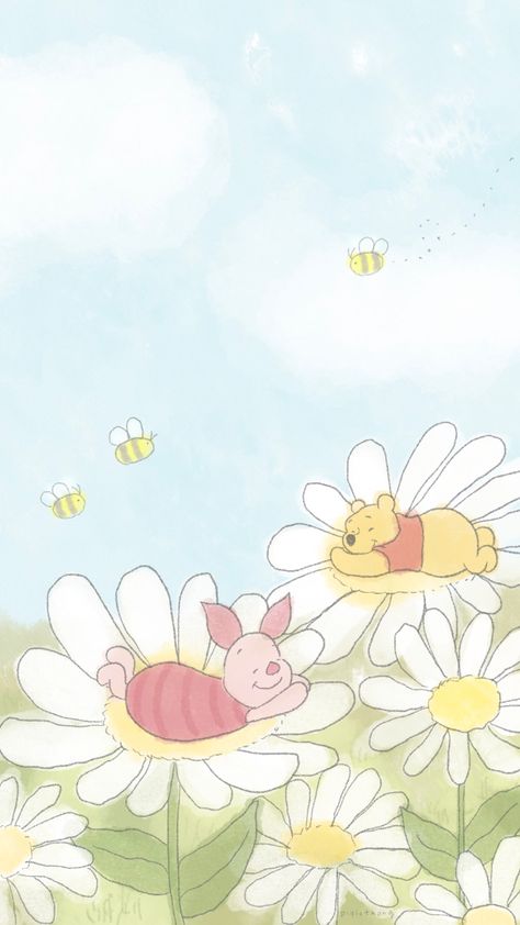 Spring Cartoon Aesthetic, Spring Themed Wallpaper Iphone, Phone Backgrounds Spring, Spring Aesthetic Cartoon, Summer Winnie The Pooh, Disney Wallpaper Spring, Spring Wallpaper Cartoon, Phone Backgrounds For Spring, Disney Spring Wallpaper Iphone