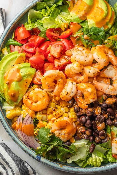 Southwest Shrimp Salad, Southwest Shrimp, Southwest Salad Recipe, Simply Whisked, Southwestern Chopped Salad, Avocado Cilantro Dressing, Chipotle Vinaigrette, Seared Shrimp, Southwestern Salad