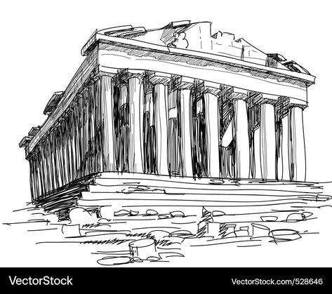 Greece Pantheon, Parthenon Sketch, Greek Plates, Greece Parthenon, Greece Illustration, Knossos Palace, Zeus And Hera, Drawing Architecture, Perspective Drawing Architecture