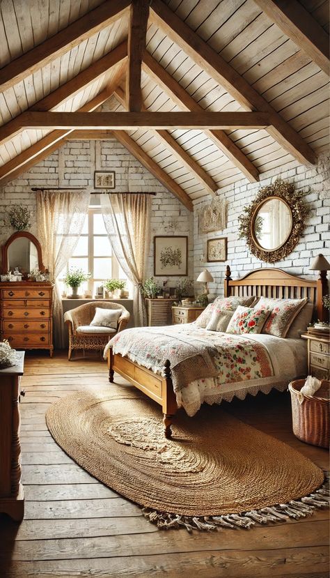 Iron Double Door, Whitewashed Brick, Country Cottage Bedroom, Attic Decor, Rustic Farmhouse Bedroom, Farmhouse Bedroom Ideas, Small Bookshelf, Quilted Blanket, Frame Floral