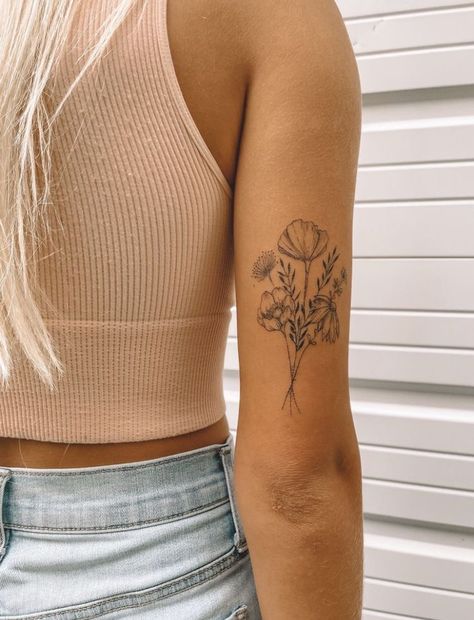 Tricep Women Tattoo, Flower Tattoo On Tricep, Above Elbow Tattoos For Women Flowers, Flower On Back Of Arm Tattoo, Tricep Flower Tattoo Women, Flower On Back Of Arm, Back Of Elbow Flower Tattoo, Tatoos Above The Elbow, April Birth Flowers Tattoo