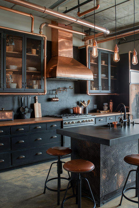 Elegant and Gorgeous Black Kitchen Ideas You Have to See Black Kitchen With Black Appliances, Copper Black Kitchen, Dark Industrial Kitchen, Dark Kitchen Aesthetic, Elegant Black Kitchen, Black And Wood Kitchen, Luxury Black Kitchen, Black And Copper Kitchen, Black Kitchen Ideas