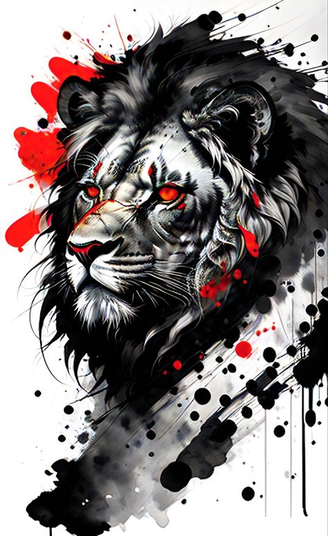 Arte Trash Polka, Trash Polka Art, Red Art Painting, Tiger Canvas Art, Trash Polka Tattoo Designs, Lion Art Tattoo, Mens Lion Tattoo, Cobra Art, Crown Tattoo Design