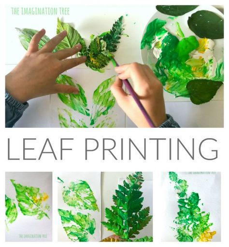 Leaf Printing Art -by The Imagination Tree Painting with other objects other than a paint brush can intrigue children to wonder through the arts. Leaf Printing Art, Leaf Print Art, Leaf Printing, Imagination Tree, Leaf Collage, Tree Study, Food Art For Kids, Messy Art, Painted Leaves