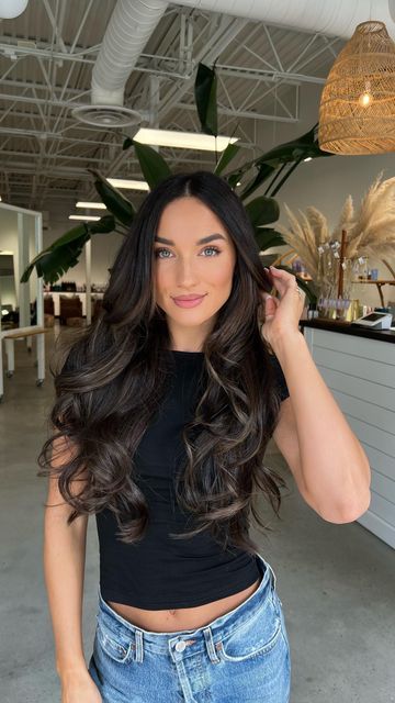 Dark Extensions With Highlights, Chocolate Brown Extensions, Dark Hair With Subtle Dimension, Brown Balayage Wedding Hair, Dark Brown With Brown Balayage, Brown On Black Hair Balayage, Brown Hair Low Light, Dark Long Hairstyles, Dark Brunette Extensions