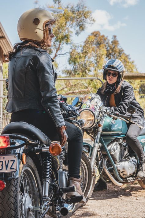 Dressed by the best (if we do say so ourselves) 🔥❤️🤩 👉 Shop the looks at the link in bio; - Walden Miller RDO Jacket - Black Arrow Glory 2.0 Jacket - Hedon Epicurist Helmet - Tobacco Runaway Jeans - Grifter Scoundrels Gloves - REV'IT! Arrow Ladies Boots 🏍️ @adventuresofnetty & @natliblah_ 📸 @motoest motoest.com.au| #motofemmes | @motoest  . . . . #womenowned #bikelife #supportsmallbusinesses #motolife #shoplocal #shopinstoreandonline #urbanmotowear #motoest #afterpay Motorcycle Luggage Rack, Kevlar Jeans, Biker Women, Bike Boots, Cafe Racer Girl, Bike Girl, Motorcycle Saddlebags, Womens Black Leather Jacket, Biking Outfit