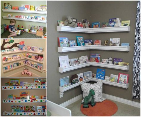 Bookshelves made with rain-gutter materials are practical in rooms where floor space is limited. Unlike wooden bookcases, rain-gutter shelves won’t scratch the flooring or leave imprints in carpet. This is an easy and useful project, click below link for tutorial. DIY Rain Gutter Book Shelves DIY a Bookshelf Chair For Bookworm DIY No Sew Book […] Rain Gutter Book Shelf, Gutter Bookshelf, Rain Gutters, Wooden Bookcase, Bookshelves Kids, Diy Cans, Bookshelves Diy, Dark Interiors, Gold Interior