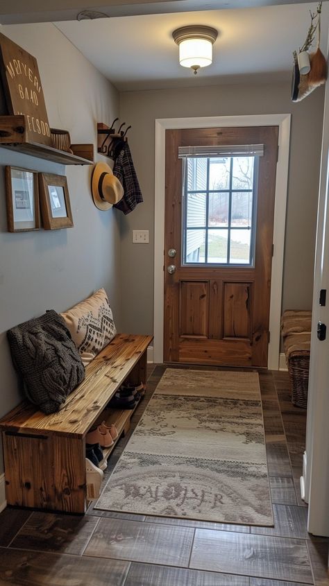 Cozy Entryway Space: A welcoming home entrance featuring a wooden door, bench, hat rack, and a textured runner rug. #home #entryway #wooden #door #bench #aiart #aiphoto #stockcake ⬇️ Download and 📝 Prompt 👉 https://stockcake.com/i/cozy-entryway-space_374037_60735 Ranch Home Entryway, Barndo Entryway, Cozy Home Entrance, Inside Porch Ideas Entrance, Western Entryway, Southwestern Entryway, Front Door Entryway Ideas, Front Door Hallway, Cozy Entryway