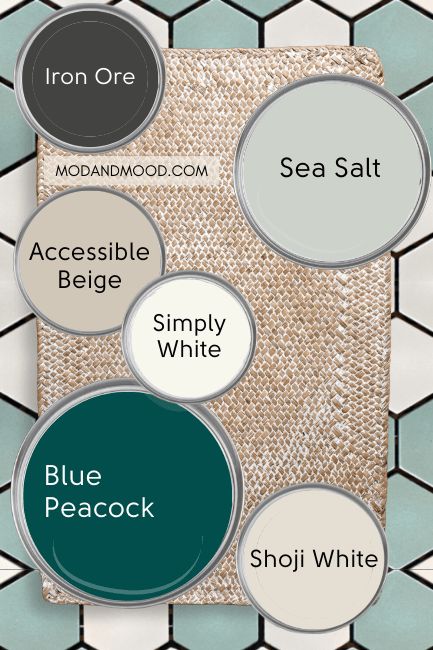 Teal Color Palettes, Teal Paint Colors, Sherwin Williams Blue, Teal Bathroom Ideas, Teal Color Palette, Teal Living Rooms, Teal Bathroom, Shoji White, Teal Bedroom