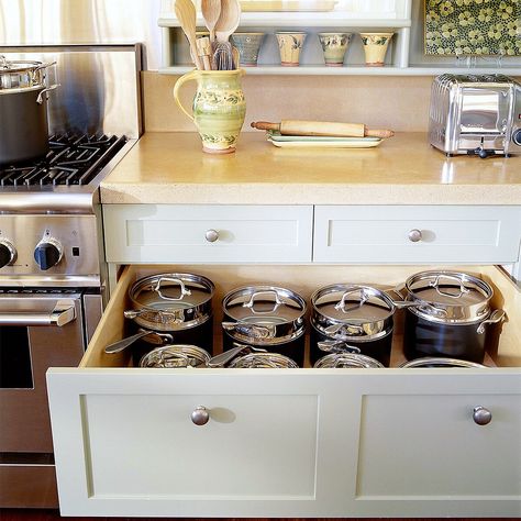 Kitchen Drawers Diy, Cooking Pots And Pans, Future Kitchen, Diy Drawers, Tidy Kitchen, Kitchen Range, Kitchen Upgrades, Kitchen Cabinet Organization, Kitchen Drawers