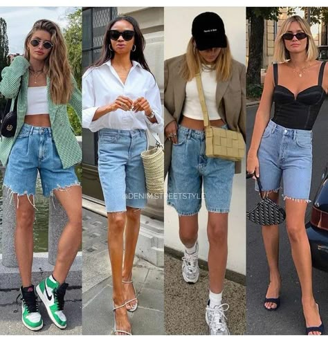 High Waist Bermuda Shorts Outfit, Denim Bermudas Outfit, Bermuda Denim Shorts Outfit Summer, Bermuda Jeans Shorts Outfit, Outfits With Bermuda Shorts For Women, How To Style Denim Bermuda Shorts, Styling Bermuda Shorts Summer Outfits, Jean Shorts Outfit 2023, Long Shorts Outfits Women Street Style