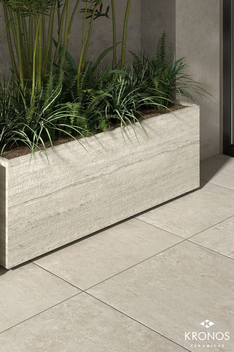 Outdoor planter ideas: Travertine look porcelain tiles. Collection by Kronos Ceramiche: Nativa Lux Vena 2.0 + Falda 2.0 #kronostiles #kronosceramiche #madeinitaly #porcelaintiles #porcelainstoneware #porcelainpavers #gresporcellanato #grescerame #feinsteinzeug #luxurytiles #outdoorplanter #travertinelook #travertinetiles #greseffettotravertino #aspecttravertin #travertinoptik #outdoordesign #outdoortiles #customplanter #outdoorpavers #planterdesign #archilovers #architect #whitetiles Tiled Planter, Planter Seating, Limestone Planter, Outdoor Planter Ideas, Outside Planters, White Travertine, Travertine Outdoor, Human Dimension, Outdoor Pavers