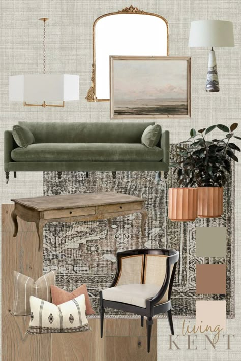 Brass In Living Room, Global Boho Living Room, Transitional Living Room Accent Chairs, Formal Living Room Furniture Ideas, Cozy Earthy Home Decor, Living Room Green Couch Colour Schemes, Mixing Greens In Decor, Living Room With Olive Green Sofa, Black White Brown Green Home Decor