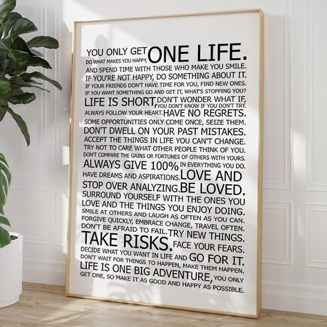 You Only Get One Life Poster Life Rules Wall Art Modern Inspirational Quotes Black and White Quote Print Life Motivational Wall Art Positive Quotes Posters for Living Room Bedroom 16x24in Frameless Inspirational Quotes Black, Quotes Black And White, Posters For Living Room, Black And White Quote, Positive Quote Poster, White Quote, Quotes Black, Bedroom Quotes, Post Divorce