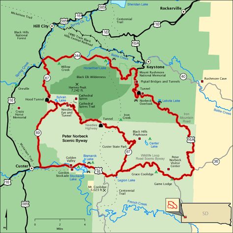 Peter Norbeck Scenic Byway Map ~ The Southern Hills is laced with specially engineered, super-scenic highways. The Needles Highway (SD 87), Iron Mountain Road (US 16A), Horse Thief Lake Road (SD 244) and Sylvan Lake Road (SD 89) make up this oval-shaped route through the most rugged real estate in the Black Hills. The Byway includes six picture-perfect tunnels, tight hairpin curves, spiral “pigtail” bridges, Norbeck Wildlife Preserve, Black Elk National Wilderness Area and Custer State Park. Mount Rushmore Vacation, Needles Highway, Map America, Montana Trip, South Dakota Road Trip, Spearfish Canyon, South Dakota Vacation, South Dakota Travel, Yellowstone Trip