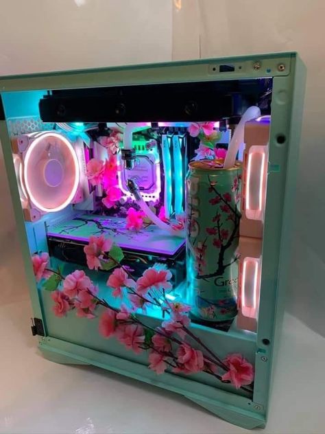 Water Cooled Pc Build, Figure In Pc Case, Computer Build Ideas, Painted Monitor, Unique Pc Build, Computer Cases Aesthetic, Diy Pc Case Ideas Custom Pc, Pc Case Aesthetic, Cool Pc Builds